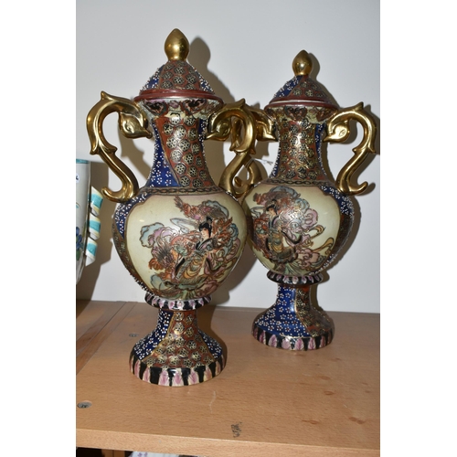 327 - A PAIR OF SATSUMA STYLE VASES AND ITALIAN CERAMICS, comprising a pair of covered vases, each stamped... 