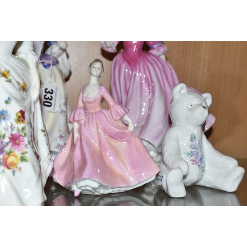 330 - THREE ROYAL DOULTON FIGURINES, A COALPORT FIGURINE AND AN AYNSLEY TEDDY BEAR FIGURE, comprising Roya... 