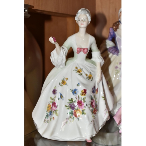 330 - THREE ROYAL DOULTON FIGURINES, A COALPORT FIGURINE AND AN AYNSLEY TEDDY BEAR FIGURE, comprising Roya... 