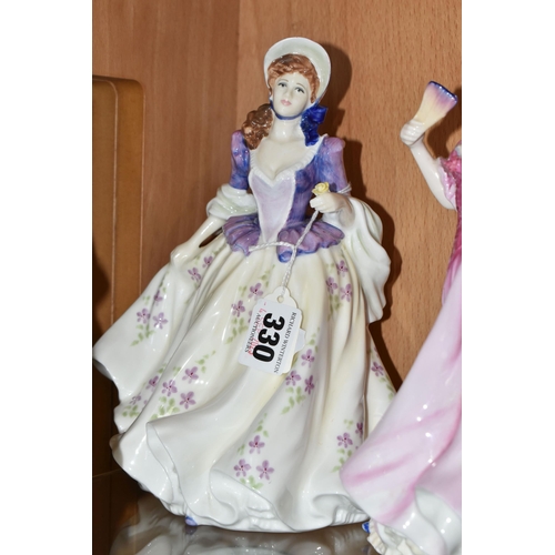 330 - THREE ROYAL DOULTON FIGURINES, A COALPORT FIGURINE AND AN AYNSLEY TEDDY BEAR FIGURE, comprising Roya... 