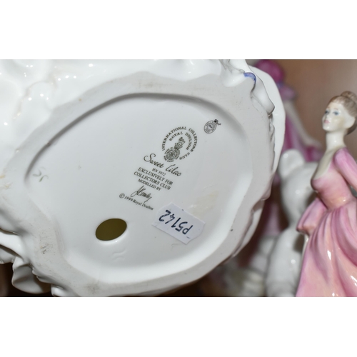 330 - THREE ROYAL DOULTON FIGURINES, A COALPORT FIGURINE AND AN AYNSLEY TEDDY BEAR FIGURE, comprising Roya... 