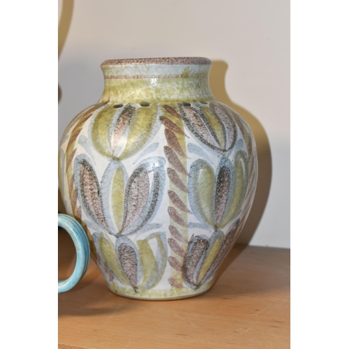 338 - THREE PIECES OF DENBY CERAMICS BY GLYN COLLEDGE, comprising a green and brown jug, height 34cm, a bu... 