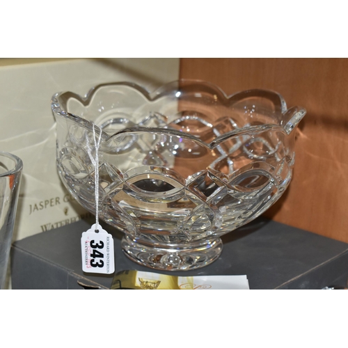 343 - SIX PIECES OF BOXED AND LOOSE WATERFORD CRYSTAL, comprising a pair of 'Metropolitan Votive' square c... 