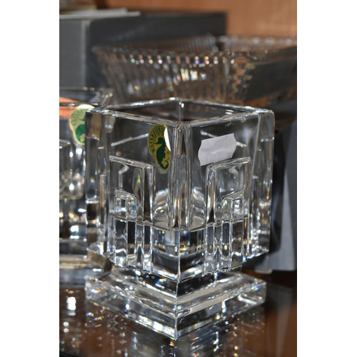 343 - SIX PIECES OF BOXED AND LOOSE WATERFORD CRYSTAL, comprising a pair of 'Metropolitan Votive' square c... 