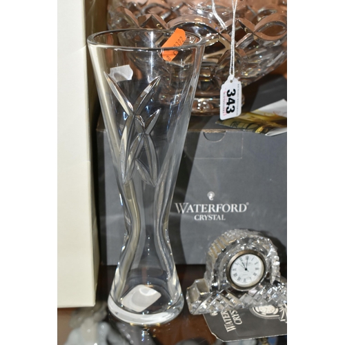 343 - SIX PIECES OF BOXED AND LOOSE WATERFORD CRYSTAL, comprising a pair of 'Metropolitan Votive' square c... 