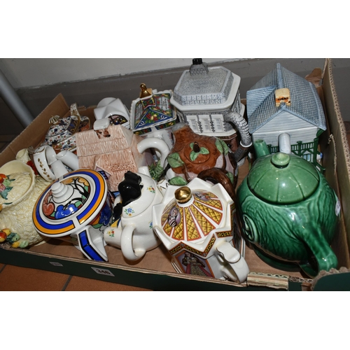 346 - A BOX OF TWELVE TEA POTS, MOSTLY NOVELTY TYPE, including a Clarice Cliff Celtic Harvest example, a 1... 