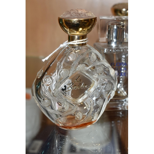 350 - ELEVEN LALIQUE USED BOTTLE OF PERFUMES AND A BOX FOR A BOTTLE OF LE BAISDEN DE LALIQUE, the empty bo... 