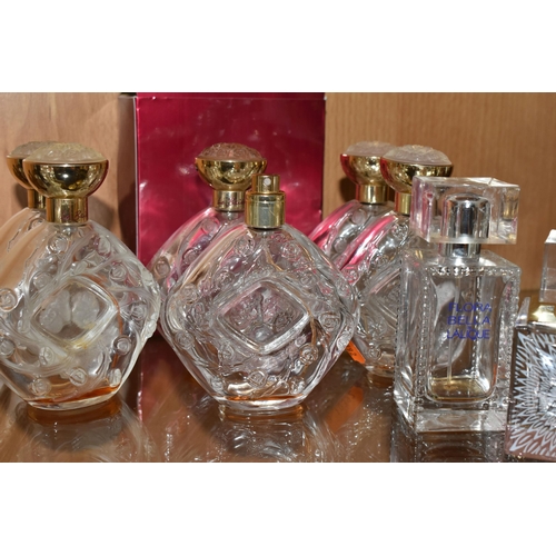 350 - ELEVEN LALIQUE USED BOTTLE OF PERFUMES AND A BOX FOR A BOTTLE OF LE BAISDEN DE LALIQUE, the empty bo... 