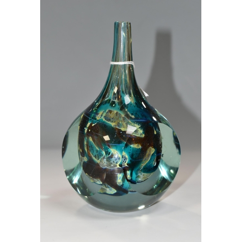 352 - A MDINA GLASS FACET CUT CUBE VASE, the slender conical neck over a cube with four circular facets, t... 