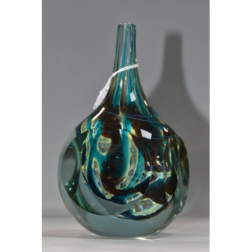 352 - A MDINA GLASS FACET CUT CUBE VASE, the slender conical neck over a cube with four circular facets, t... 