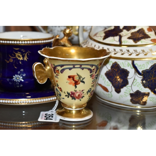 354 - FOUR PIECE OF 19TH CENTURY ENGLISH PORCELAIN, comprising a Spode chocolate cup and saucer, lacks cov... 