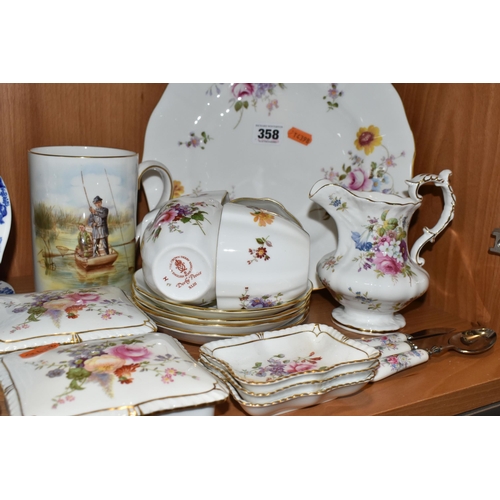 358 - A GROUP OF ROYAL CROWN DERBY TEA AND GIFTWARES AND A HAMMERSLEY JUG, including 'The Angler' tankard,... 