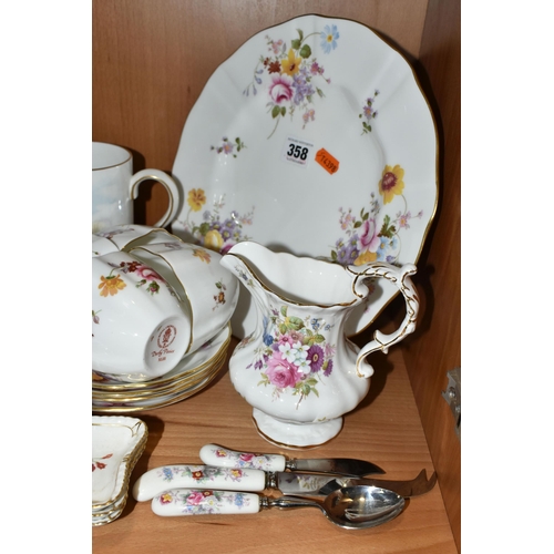 358 - A GROUP OF ROYAL CROWN DERBY TEA AND GIFTWARES AND A HAMMERSLEY JUG, including 'The Angler' tankard,... 