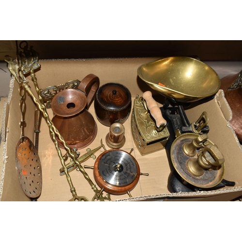 360 - A BOX AND LOOSE OF METALWARE, ETC, including an electric copper kettle, a Middle Eastern copper and ... 