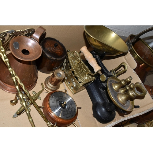 360 - A BOX AND LOOSE OF METALWARE, ETC, including an electric copper kettle, a Middle Eastern copper and ... 