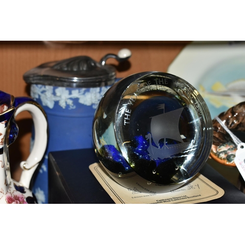 367 - TWO BOXED CAITHNESS PAPERWEIGHTS AND MASON'S IRONSTONE, comprising a Royal Doulton figure 'The Jovia... 