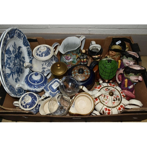 369 - TWO BOXES OF CERAMICS AND ORNAMENTS, to include an Arthur Wood teapot, milk jug and sugar bowl, patt... 