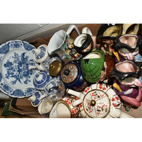 369 - TWO BOXES OF CERAMICS AND ORNAMENTS, to include an Arthur Wood teapot, milk jug and sugar bowl, patt... 