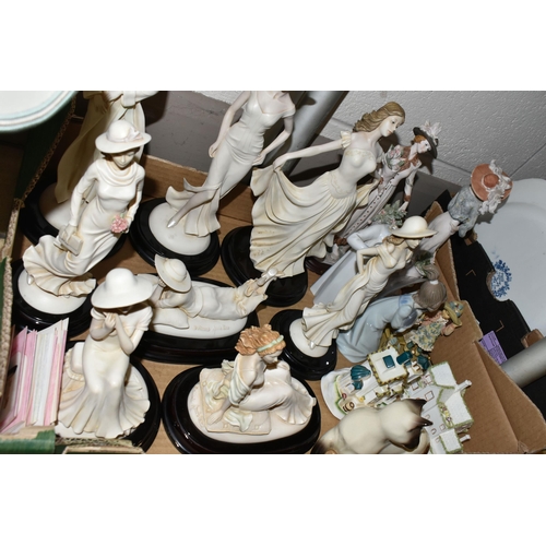 369 - TWO BOXES OF CERAMICS AND ORNAMENTS, to include an Arthur Wood teapot, milk jug and sugar bowl, patt... 