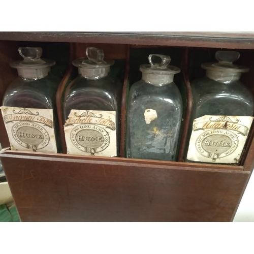 635 - AN EARLY 19TH CENTURY MAHOGANY APOTHECARY'S CABINET, with brass swan neck carrying handle to the top... 