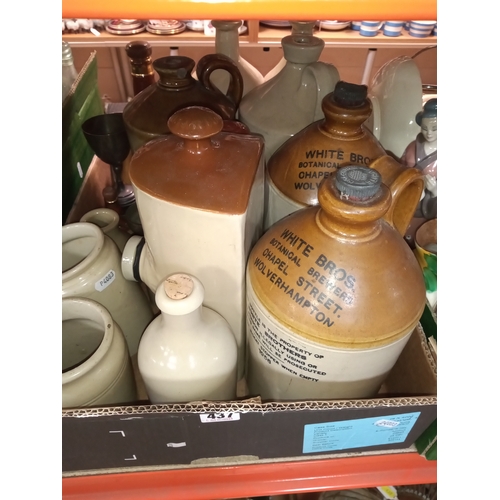 437 - THREE BOXES OF VINTAGE BOTTLES AND STONEWARE FLAGONS, to include a dark brown stoneware flagon/whisk... 