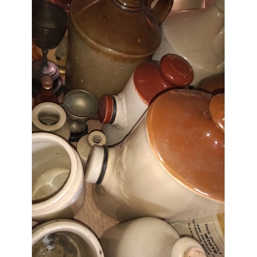 437 - THREE BOXES OF VINTAGE BOTTLES AND STONEWARE FLAGONS, to include a dark brown stoneware flagon/whisk... 