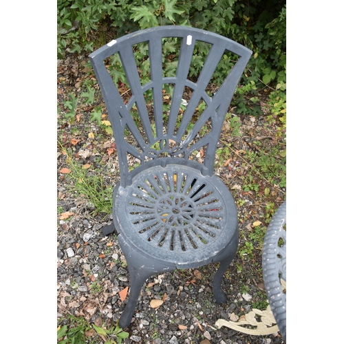 1001 - A GREY AND CREAM PAINTED ALUMINIUM THREE PIECE BISTRO SET, comprising a circular table, with pierced... 