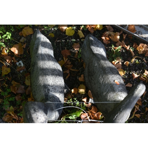 1013 - TWO CAST METAL GARDEN FIGURES OF GEESE, largest height 72cm (condition - both worn and weathered but... 