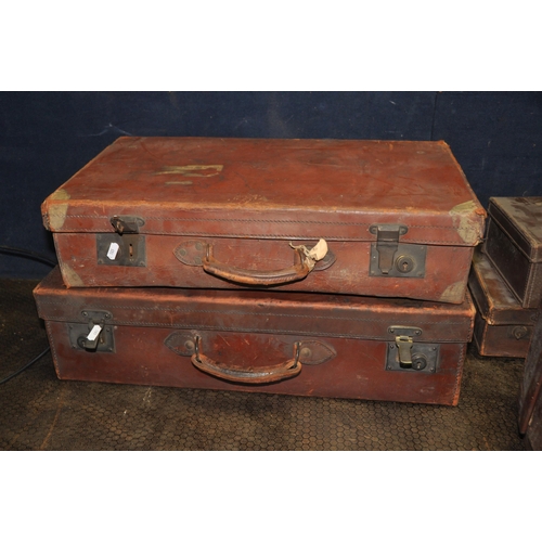 1051 - A COLLECTION OF SEVEN LEATHER CASES comprising of a suitcase width 66cm x depth 36cm x height 17cm w... 