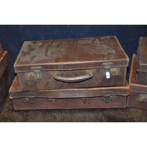 1051 - A COLLECTION OF SEVEN LEATHER CASES comprising of a suitcase width 66cm x depth 36cm x height 17cm w... 