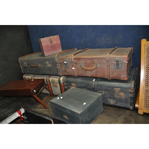 1053 - FOUR VINTAGE TRAVEL TRUNKS with bentwood banding strips, two at width 69cm x depth 43cm x height 25c... 