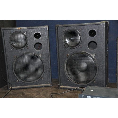 1084 - A SELECTION OF VINTAGE DJs SPEAKERS AND POWER AMPLIFIERS comprising of two three way cabinet speaker... 