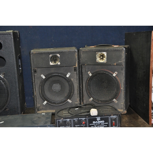 1084 - A SELECTION OF VINTAGE DJs SPEAKERS AND POWER AMPLIFIERS comprising of two three way cabinet speaker... 