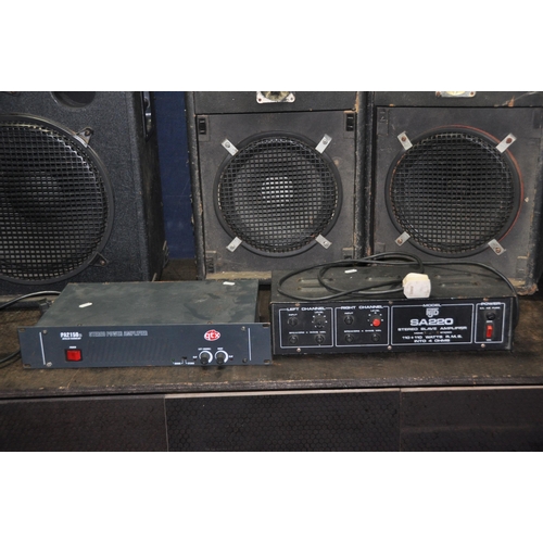 1084 - A SELECTION OF VINTAGE DJs SPEAKERS AND POWER AMPLIFIERS comprising of two three way cabinet speaker... 