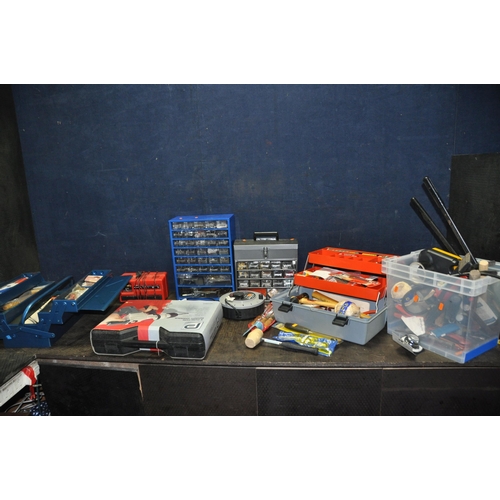 1095 - A COLLECTION OF TOOLS AND TOOLBOXES including an unopened Performance Rotary Hammer drill, hammers. ... 