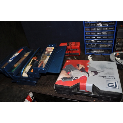 1095 - A COLLECTION OF TOOLS AND TOOLBOXES including an unopened Performance Rotary Hammer drill, hammers. ... 