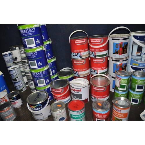 1099 - SIXTY TWO CANS OF PAINT including 20ltr of Wilko grey garage floor paint, 10ltr of Tesco Black metal... 