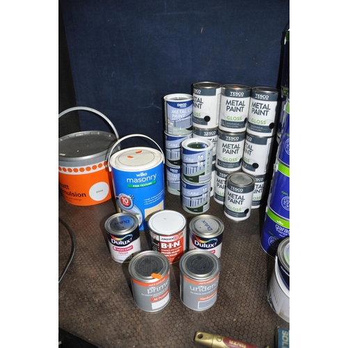 1099 - SIXTY TWO CANS OF PAINT including 20ltr of Wilko grey garage floor paint, 10ltr of Tesco Black metal... 