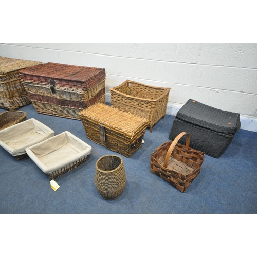 1201 - A QUANTITY OF WICKER BASKETS, to include two large baskets, largest width 96cm x depth 60cm x height... 