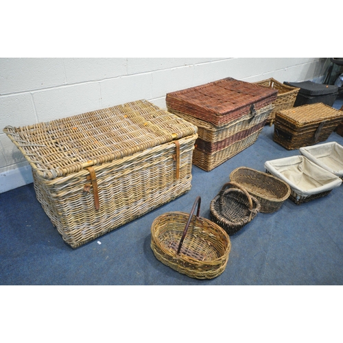 1201 - A QUANTITY OF WICKER BASKETS, to include two large baskets, largest width 96cm x depth 60cm x height... 