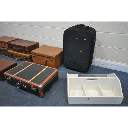 1203 - A SELECTION OF LUGGAGE, to include a tan leather suitcase, five various other suitcases, a wheeled t... 