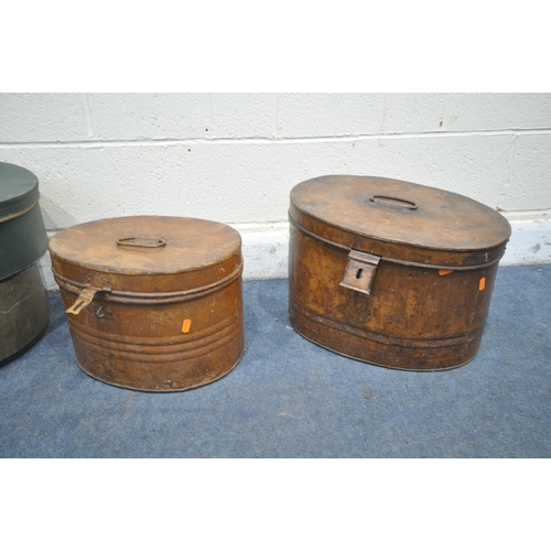 1204 - TWO SIZED TIN TOP HAT BOXES, along with four various other hat boxes (condition report: all scratche... 