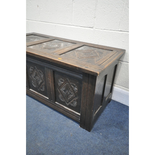 1208 - A GEORGIAN OAK PANELLED COFFER, width 106cm x depth 49cm x height (condition report: aged wear and t... 