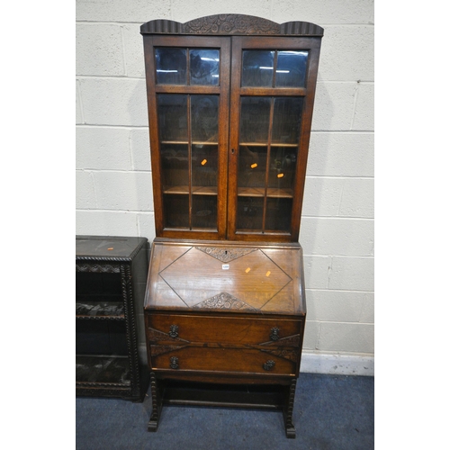 1209 - AN EARLY 20TH CENTURY CARVED OAK OPEN BOOKCASE, width 87cm x depth 28cm x height 93cm, and an early ... 