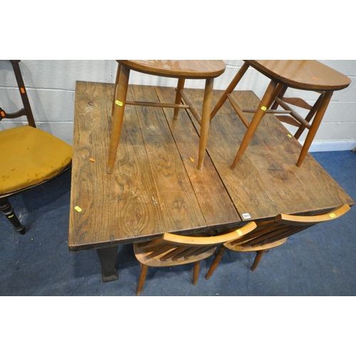 1211 - AN OAK DINING TABLE, on square tapered legs, width 123cm x depth 105cm x height 69cm, four Ercol sty... 