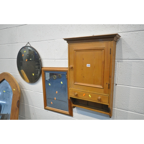 1213 - A PINE A FRAMED FLOOR MIRROR, two other mirrors, along with a pine wall mounted cabinet with a singl... 