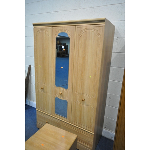 1222 - A MODERN BEECH TRIPLE DOOR WARDROBE, with two drawers, width 114cm x depth 54cm x height 190cm, a ma... 