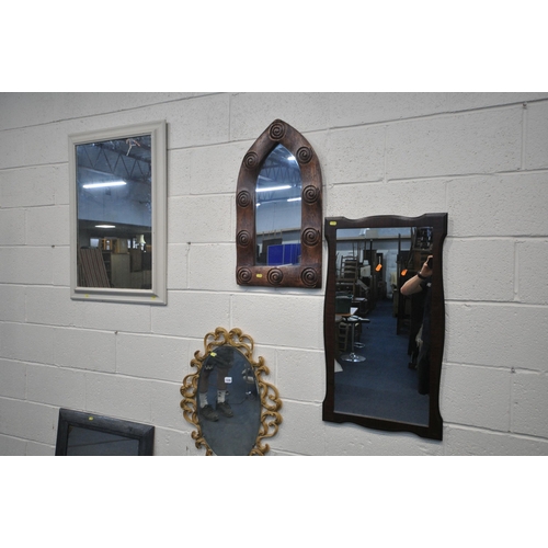 1226 - A SELECTION OF WALL MIRRORS, of various styles and sizes, along with a twin handled tray (7)