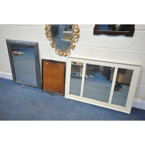 1226 - A SELECTION OF WALL MIRRORS, of various styles and sizes, along with a twin handled tray (7)