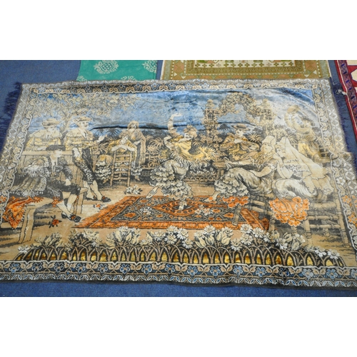 1227 - A SELECTION OF RUGS AND TAPESTRIES, to include a faux silk red rug, 204cm x 136cm, classical scene r... 